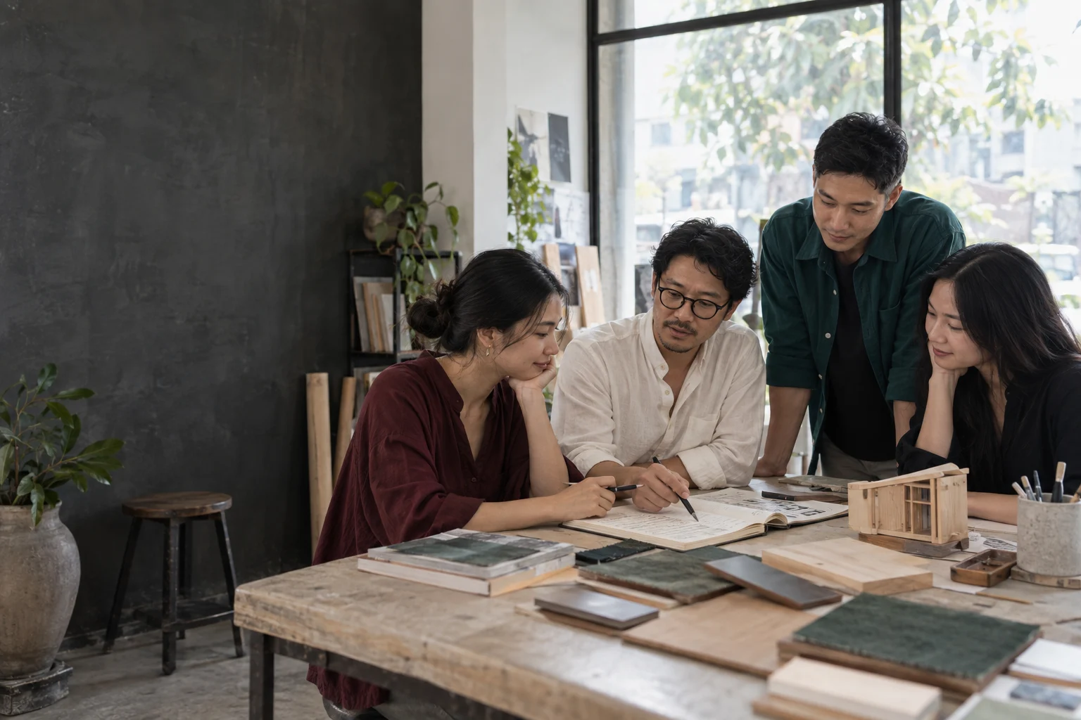 Hình minh họa tổng hợp bằng AI: bốn người trưởng thành cùng trao đổi một dự án sáng tạo tại bàn làm việc.